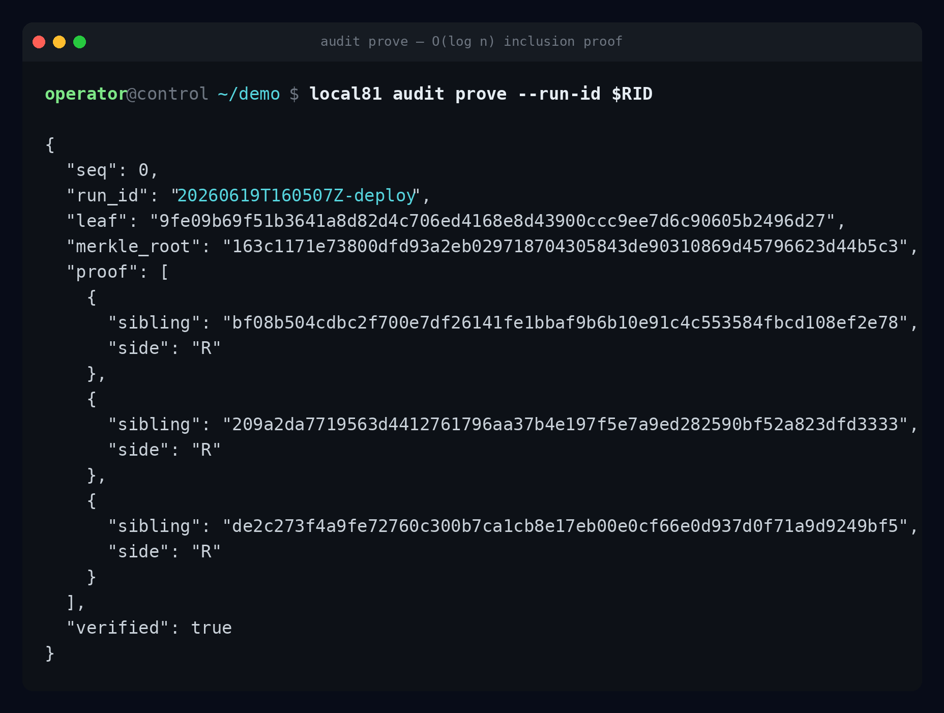 local81 audit prove — Merkle inclusion proof verified